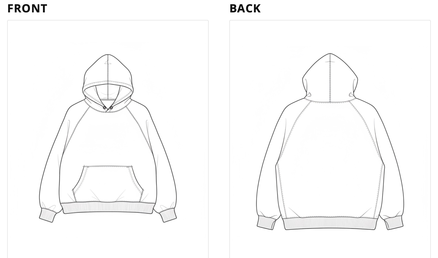 Technical flat drawing of a heavyweight oversized hoodie, front and back